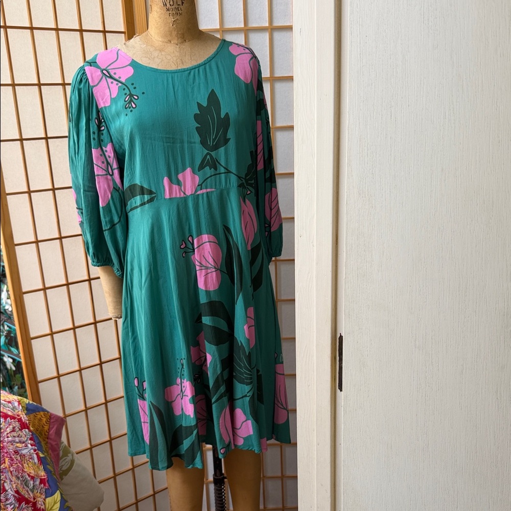 Teal Floral Swing Tunic Top - Pink & Dark Green Print